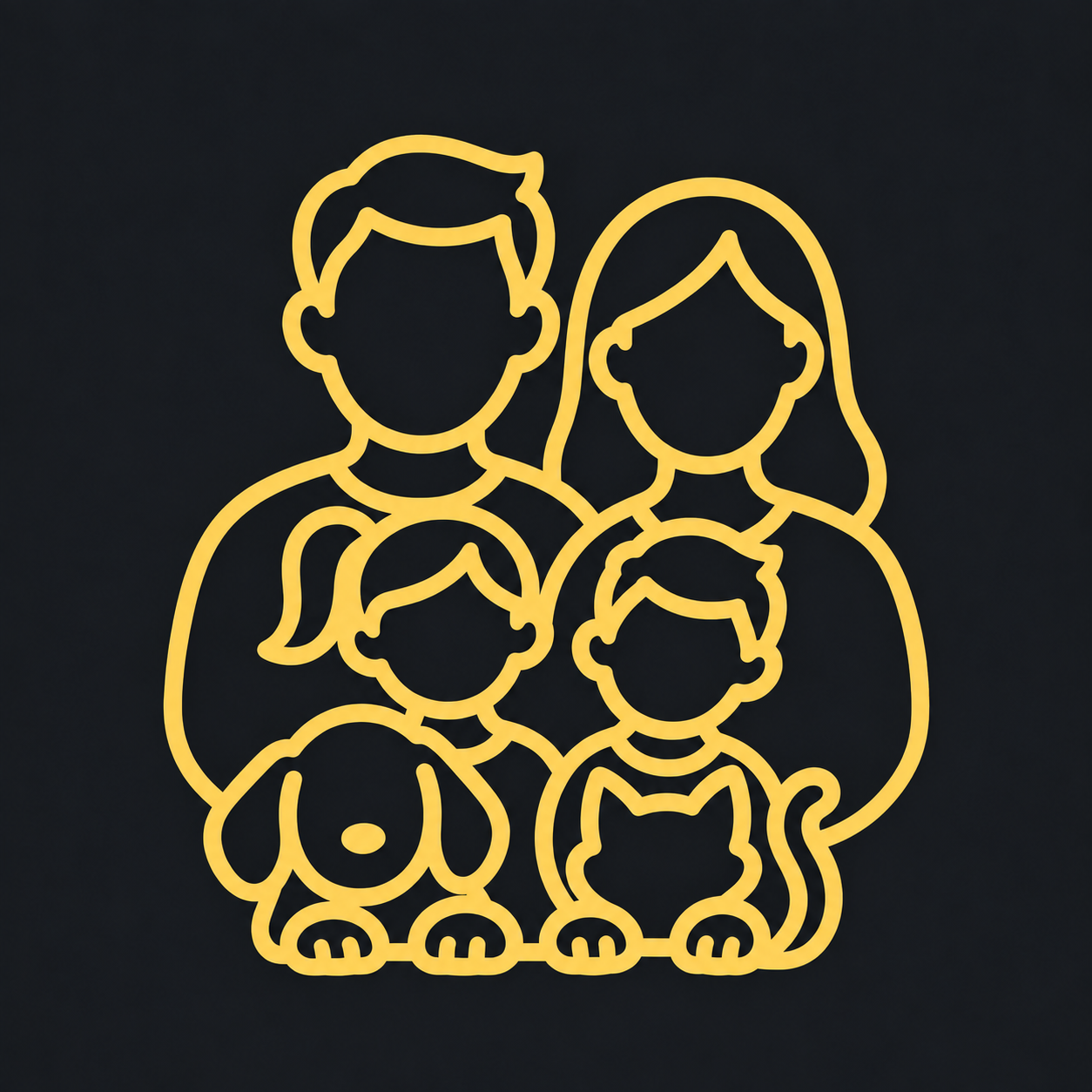 Gold outlines of a family with a dog and cat